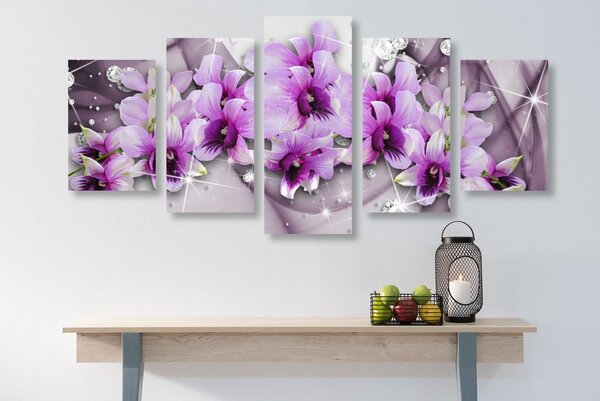 Quadri 5 pezzi – Fiori viola su sfondo astratto
