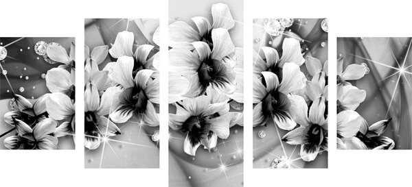 Quadri 5 pezzi – Fiori in bianco e nero su sfondo astratto