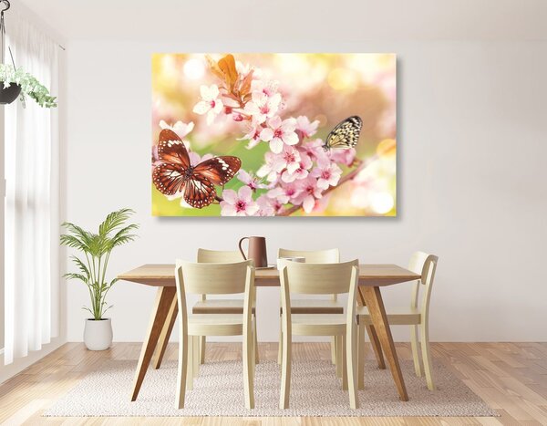 Quadro su tela – Fiori primaverili con farfalle esotiche