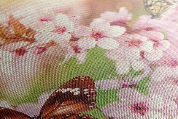 Quadro su tela – Fiori primaverili con farfalle esotiche