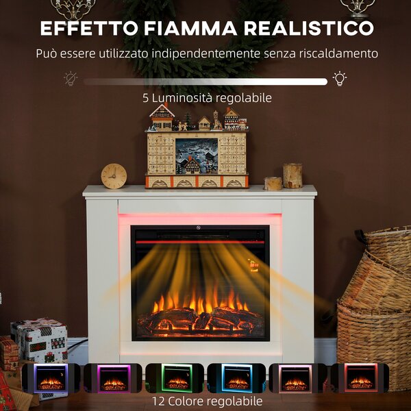 HOMCOM Camino Elettrico Potenza 1000W / 2000W con Fiamma a 12 Colori e 5 Luminosità, Telecomando e Timer, 98x25x80 cm, Bianco e Nero | Aosom Italy