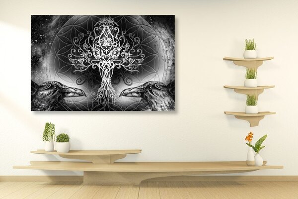 Quadro su tela – Corvi e albero della vita in bianco e nero