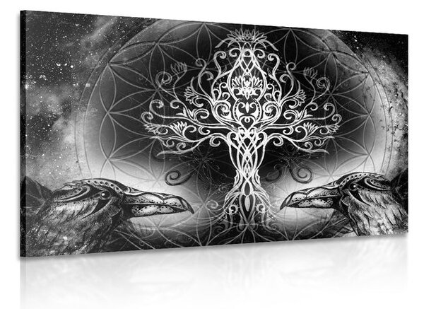 Quadro su tela – Corvi e albero della vita in bianco e nero