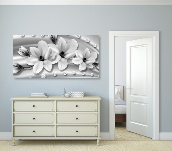 Stampa su tela – Magnolia di lusso con perle in bianco e nero