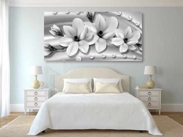 Stampa su tela – Magnolia di lusso con perle in bianco e nero