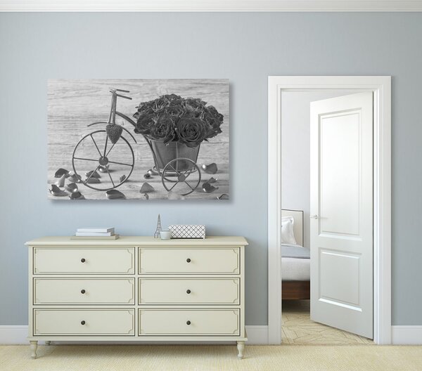 Quadro su tela – Bicicletta piena di rose in bianco e nero