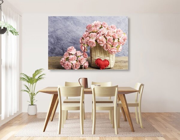 Quadro su tela – Bouquet di garofani rosa in cesto