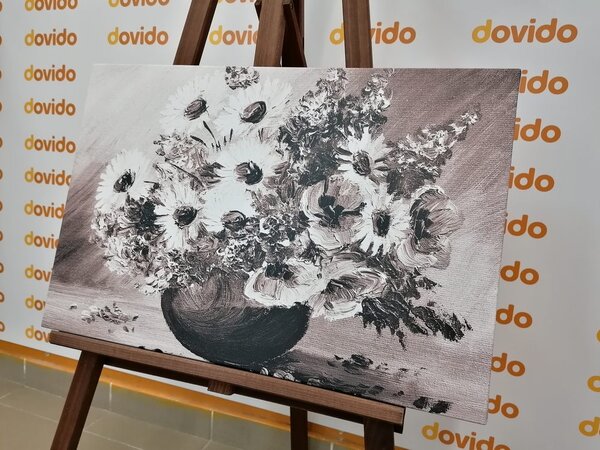 Stampa su tela – Dipinto a olio di fiori estivi in bianco e nero