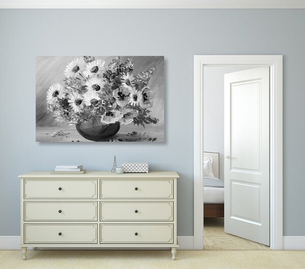 Stampa su tela – Dipinto a olio di fiori estivi in bianco e nero