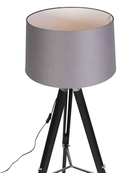 Lampada da terra treppiede nera con paralume 45 cm lino grigio scuro