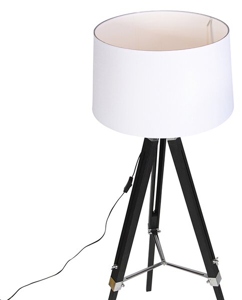 Lampada da terra treppiede nera con paralume 45 cm in lino bianco