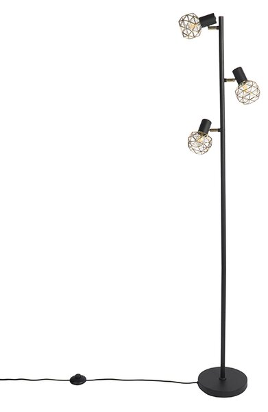 Lampada da terra di design nera con oro 3 luci orientabili - Mesh