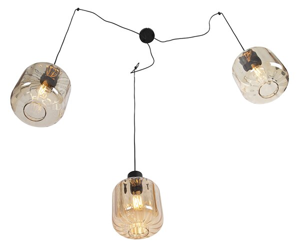 Lampada a sospensione di design nera con vetro ambrato 3 luci 226 cm - Qara
