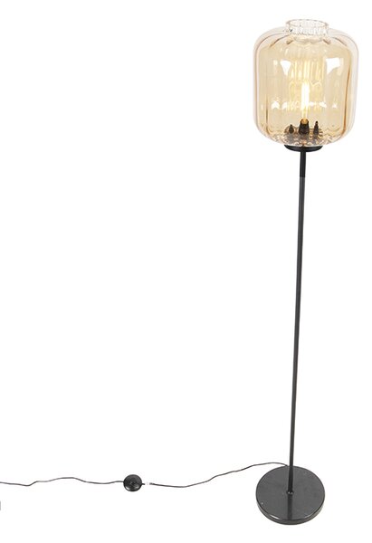 Lampada da terra di design nera con vetro ambrato - Qara