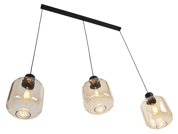 Lampada a sospensione di design nera con vetro ambrato 3 luci 161,5 cm - Qara