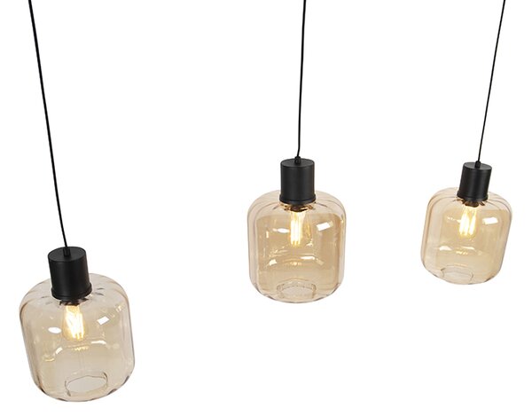Lampada a sospensione di design nera con vetro ambrato 3 luci 161,5 cm - Qara