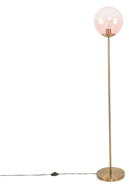 Lampada da terra Art Déco in ottone con vetro rosa - Pallon