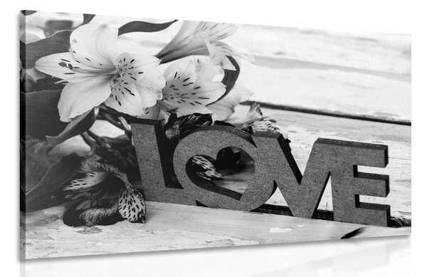 Quadro su tela – Con scritta in legno Love in bianco e nero