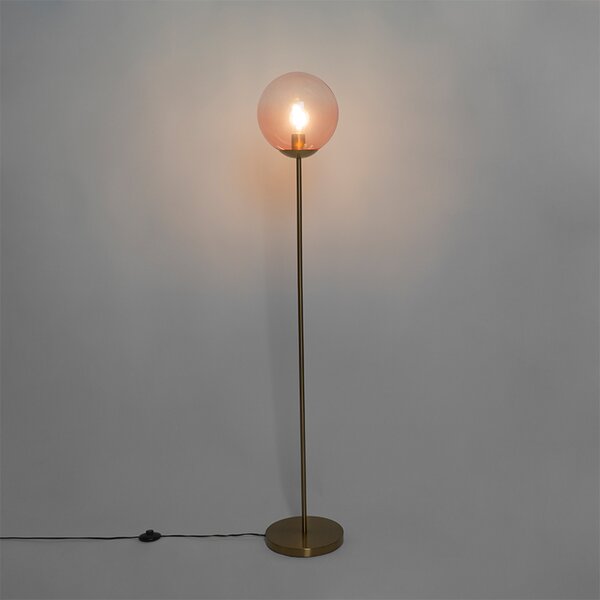 Lampada da terra Art Déco in ottone con vetro rosa - Pallon
