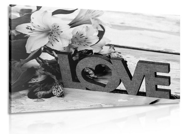 Quadro su tela – Con scritta in legno Love in bianco e nero