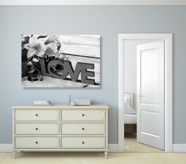 Quadro su tela – Con scritta in legno Love in bianco e nero
