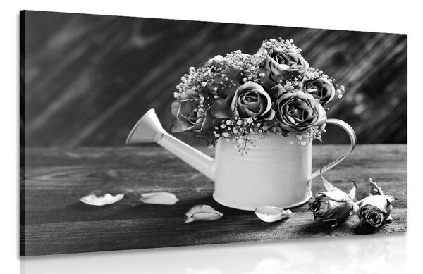 Quadro su tela – Rose in annaffiatoio in bianco e nero