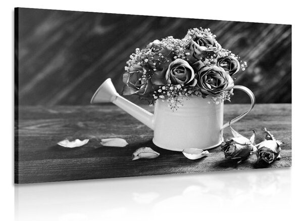 Quadro su tela – Rose in annaffiatoio in bianco e nero