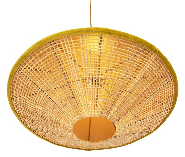 Lampada a sospensione rustica in velluto giallo con rattan 60 cm - Frills Can