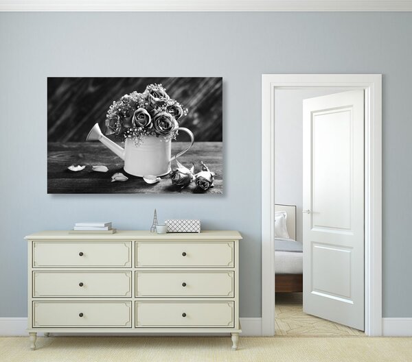 Quadro su tela – Rose in annaffiatoio in bianco e nero