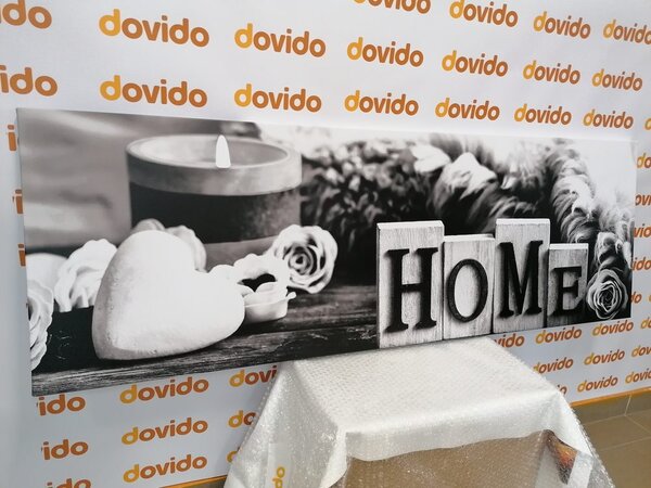 Quadro su tela – Natura morta con scritta Home in bianco e nero