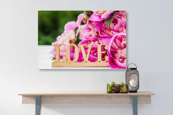Quadro su tela – Peonie con scritta Love