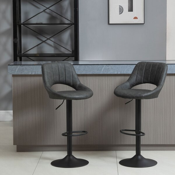 HOMCOM Set di 2 sgabelli alti da Bar con Altezza Regolabile e Poggiapiedi, in Similpelle e Metallo, 44x49x90-110cm Grigio | Aosom Italy