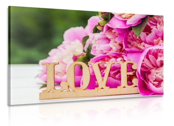 Quadro su tela – Peonie con scritta Love