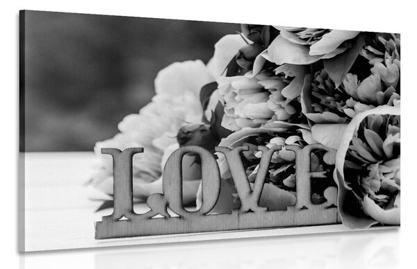 Stampa su tela – Peonie con scritta Love in bianco e nero