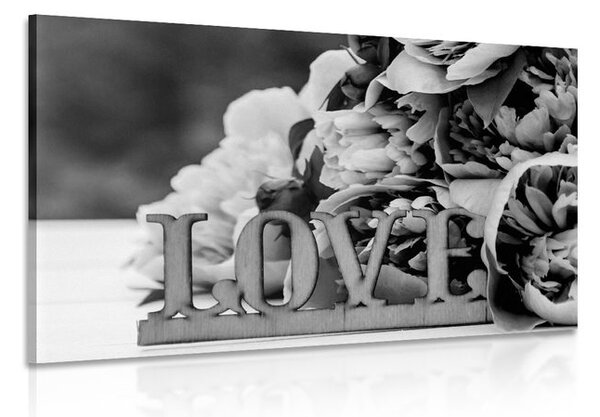 Stampa su tela – Peonie con scritta Love in bianco e nero