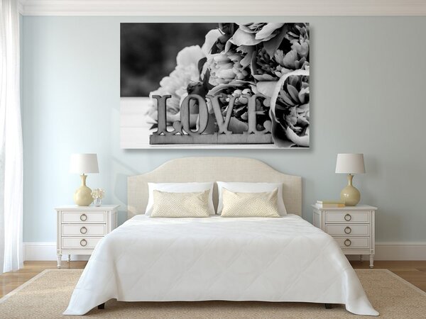 Stampa su tela – Peonie con scritta Love in bianco e nero