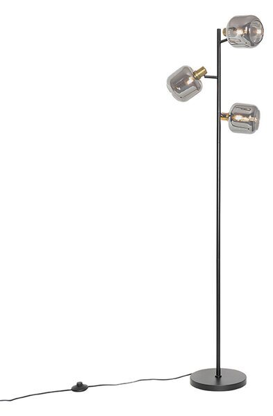 Lampada da terra nera con oro e vetro fumé 3 luci - Zuzanna
