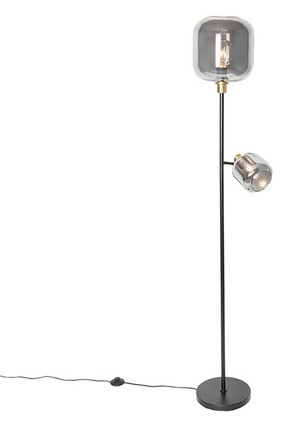 Lampada da terra nera con oro e vetro fumé 2 luci - Zuzanna