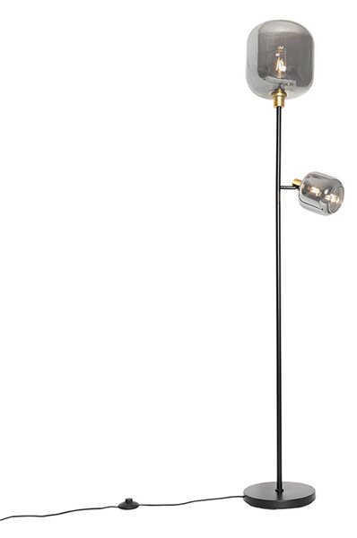 Lampada da terra nera con oro e vetro fumé 2 luci - Zuzanna