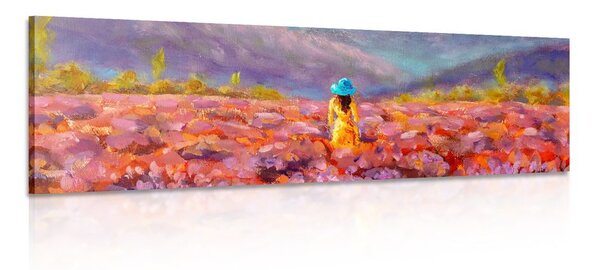 Quadro su tela – Ragazza in abito giallo in un campo di lavanda