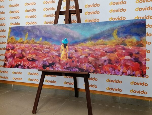 Quadro su tela – Ragazza in abito giallo in un campo di lavanda