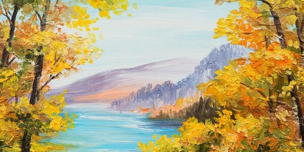 Quadro su tela – Dipinto a olio di un lago di montagna