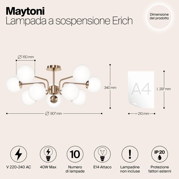Lampadario Sospensione Erich Metallo Oro Rosa 10 Luci E Diffusori Bianchi