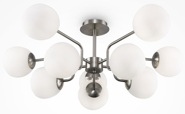 Lampadario Sospensione Erich Metallo Nichel 10 Luci E Diffusori Bianchi