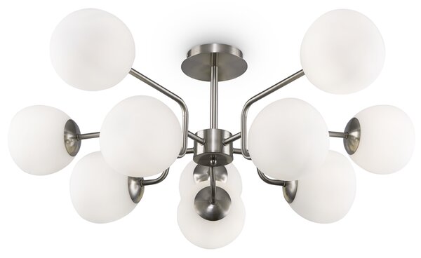 Lampadario Sospensione Erich Metallo Nichel 10 Luci E Diffusori Bianchi