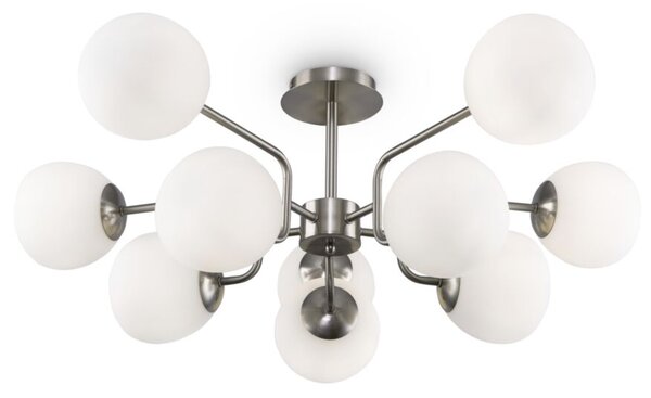 Lampadario Sospensione Erich Metallo Nichel 10 Luci E Diffusori Bianchi