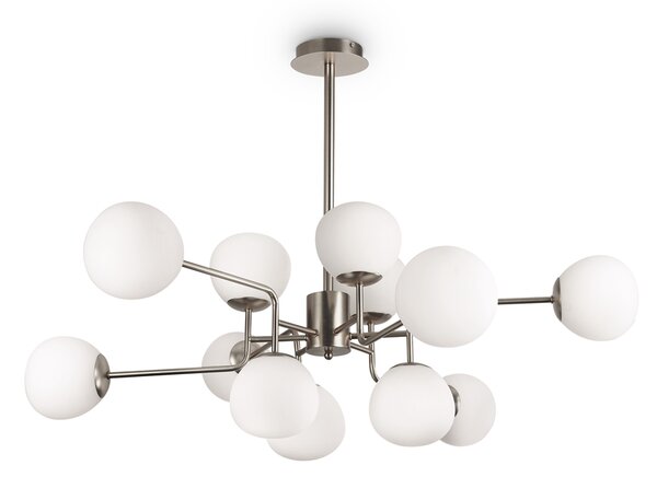 Lampadario Sospensione Erich In Metallo Nichel 12 Luci E Diffusori Bianchi