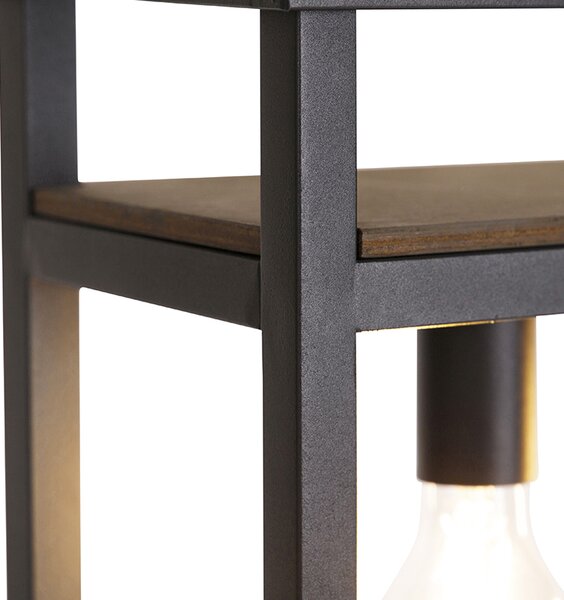 Lampada a sospensione industriale nera con ripiano in legno 4 luci - Cage Rack