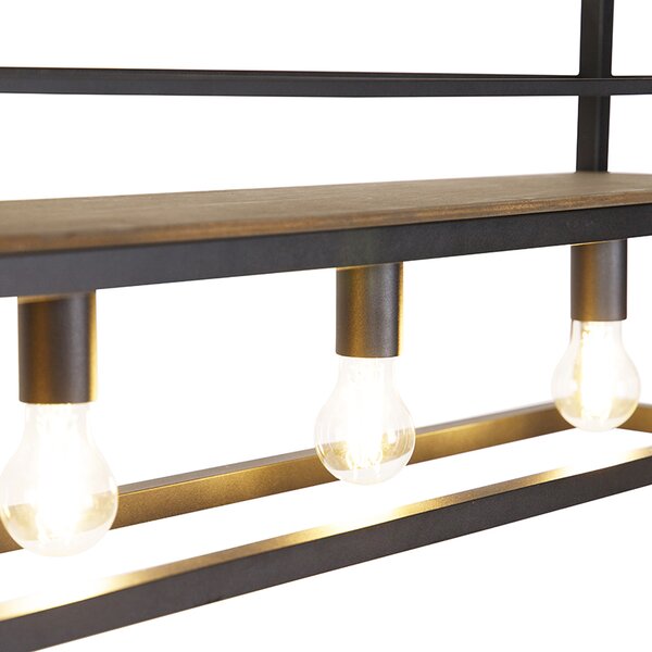 Lampada a sospensione industriale nera con ripiano in legno 4 luci - Cage Rack