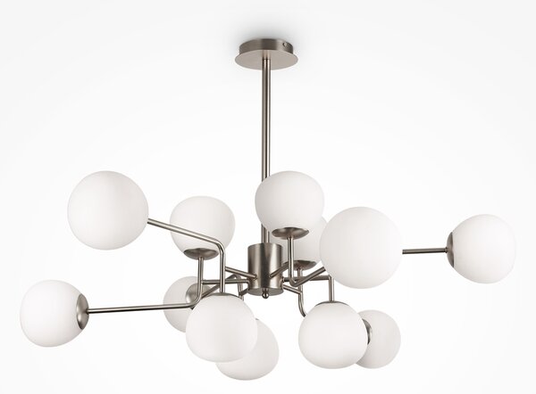 Lampadario Sospensione Erich In Metallo Nichel 12 Luci E Diffusori Bianchi